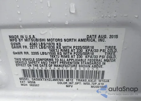 2015 Mitsubishi Outlander Sport Gt from USA, damaged, VIN 4A4AR4AW5FE049655